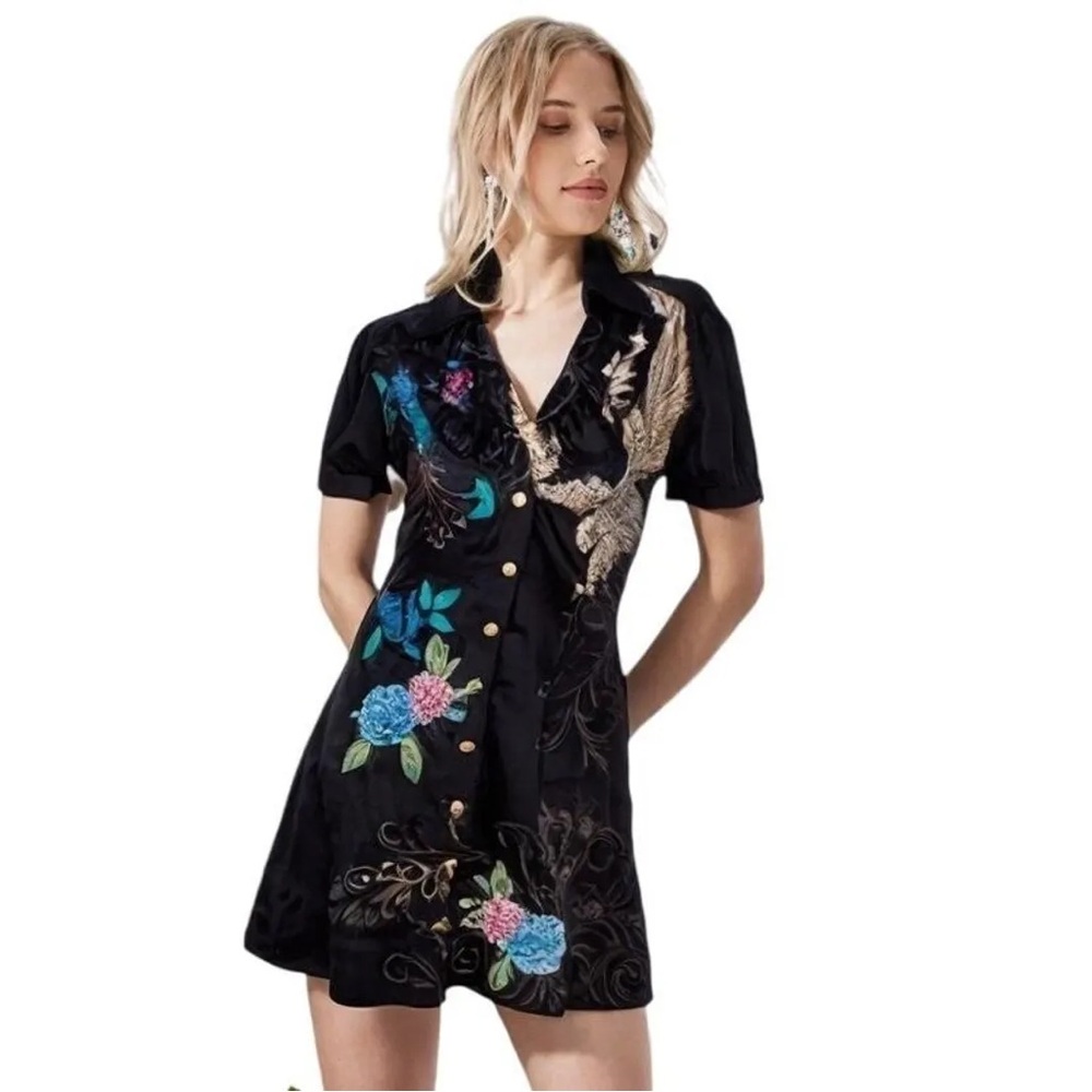 COOGI Black Dress with Colorful Embroidery